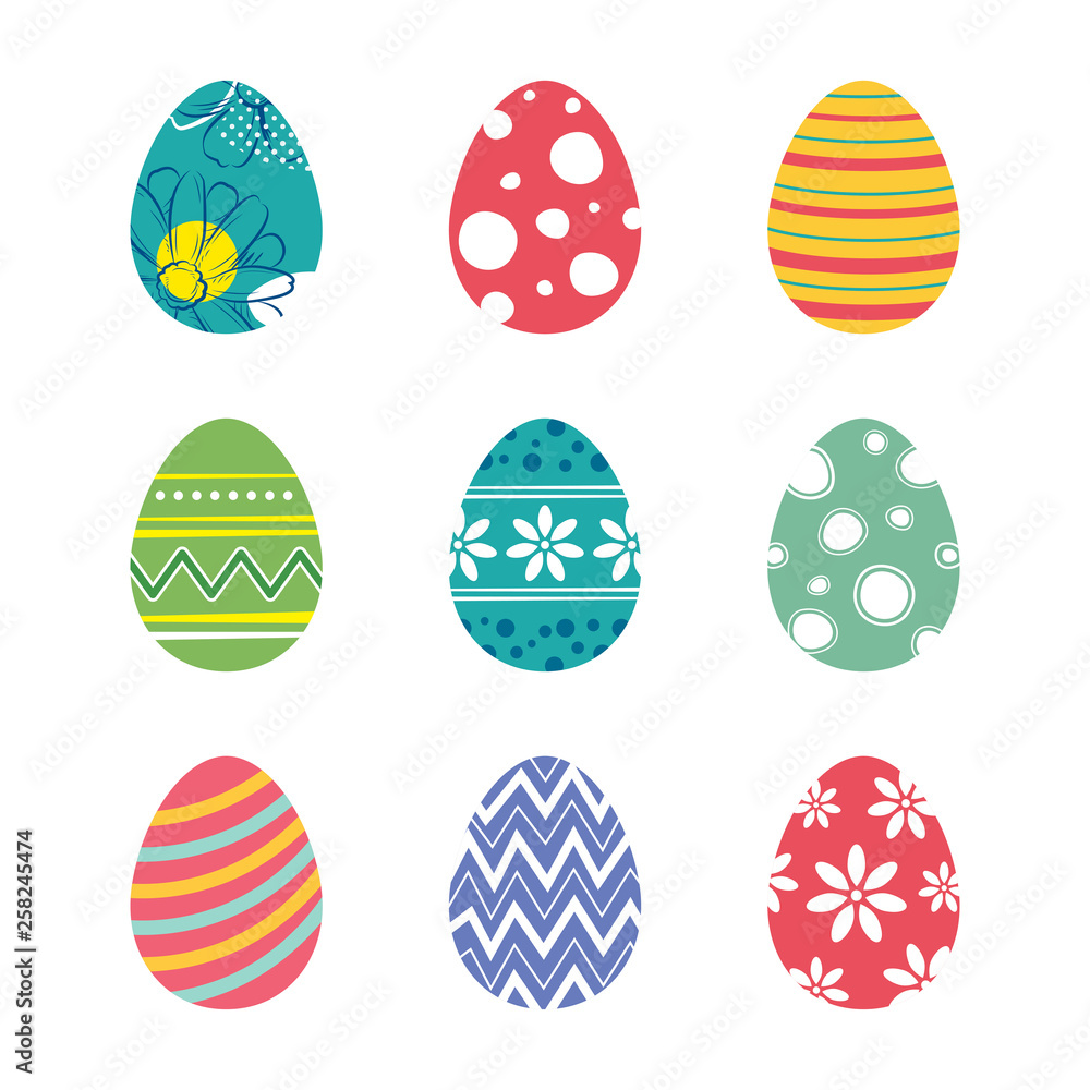 Poster set of easter eggs isolated in white background. vector modern new design with different colors and 