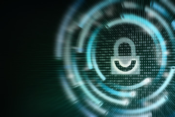 password protection for online internet network. Photo of computer screen display lighi white padlock icon with curved light blue lines encircled on binary background. cyber security concepts.