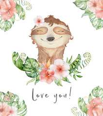Watercolor sloth bears cute portrait hand drawn illustration