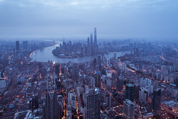 aerial view of East Nanjing Road, Shanghai, China. In dawn