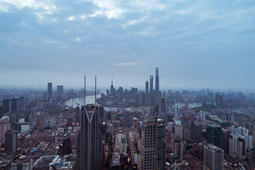 aerial view of East Nanjing Road, Shanghai, China. In dawn