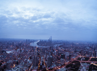 aerial view of East Nanjing Road, Shanghai, China. In dawn