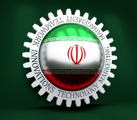 Cog wheel with Iran flag. Precision machinery relative backdrop. 3D rendering