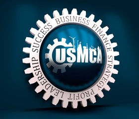 USMCA - United States Mexico Canada Agreement. Decorated USMCA letters. Heavy industry and business concept. Connected lines with dots. 3D rendering