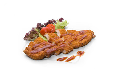 fried beef steak with salad and tomato isolated on white background