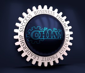 Heavy industry. China country name build in gear. Outline style. 3D rendering