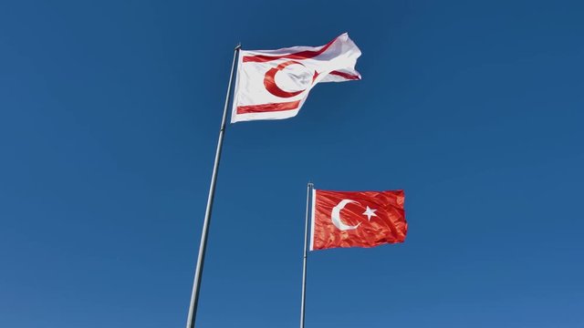 Flags Of Turkey and Turkish Republic of Northern Cyprus together on the wind (slow motion)
