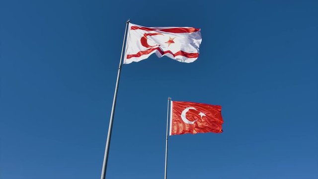 Flags of Turkey and Turkish Republic of Northern Cyprus with wind 4K