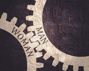 Woman and man text on the Mechanism of Gears. Communication Concept in Industrial Design. Modern brochure design template.