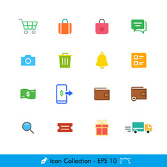 E Commerce Online Shopping Related Icons / Vectors Set - In Color Design | Contains Such Cart, Shopping Bag, Wish list, Chat, Scan, Camera, Notification, Trash, Shipment, Delivery, Coupon, Gift, Pay