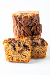 Delicious chocolate banana cake on white background. Selective focus