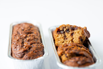 Delicious chocolate banana cake on white background. Selective focus