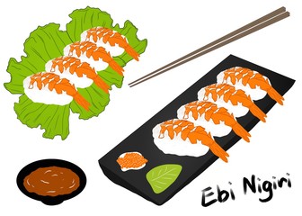 Japanese food style, Set of prawn sushi isolated on white background for Asian restaurant menu, Hand drawn, Collection food concept (Ebi nigiri)