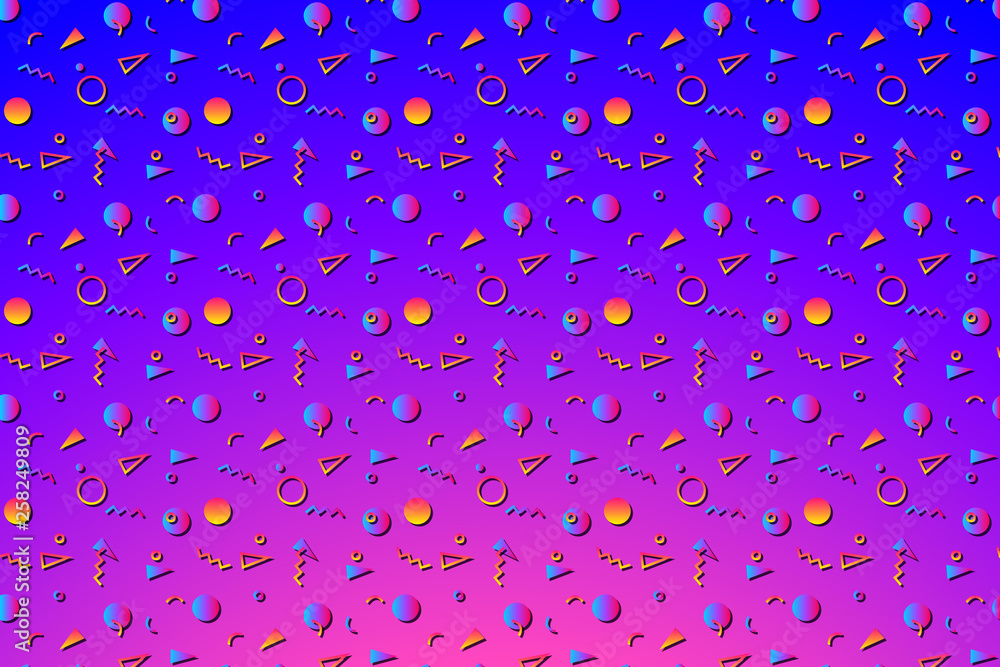 Poster abstract background with 80s memphis geometics style pattern and vibrant psychedelic colors