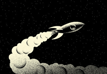 Space landscape with scenic view on rocket rocket taking off with fire and smoke and stars made with retro styled dotwork - obrazy, fototapety, plakaty