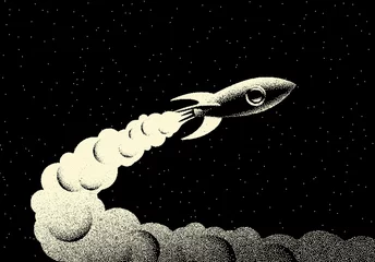 Weltraumlandschaft mit malerischem Blick auf die Rakete, die mit Feuer und Rauch und Sternen mit Retro-Stil Dotwork abhebt © swillklitch