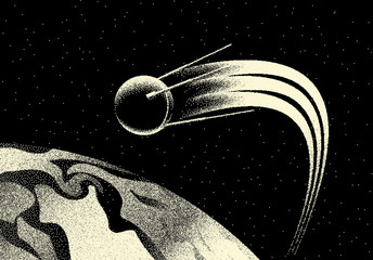 Space landscape with scenic view on sputnik or artificial satellite flying around Earth made with retro styled dotwork