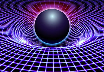 Black hole or gravity grid with glowing ball or sun in 80s synthwave and style - obrazy, fototapety, plakaty