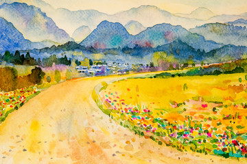 Watercolor landscape painting of mountain and meadow.