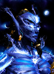 Naklejka premium Portrait of blue gin with long ears beard and glowing eyes