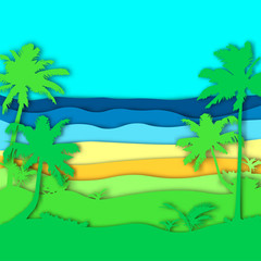 Fototapeta na wymiar Papercut backrgound with silhouette palm trees, sea and beach