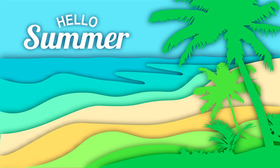 Fototapeta na wymiar Template Hello Summer on papercut backrgound with silhouette palm trees
