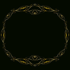 Vector golden frame with hearts effects of light. Preparation for postcard Christmas wedding Shining round gold frame. on a black background. Vector illustration, EPS 10.