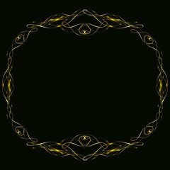 Vector golden frame with hearts effects of light. Preparation for postcard Christmas wedding Shining round gold frame. on a black background. Vector illustration, EPS 10.