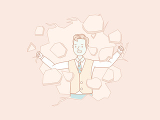 Businessman breaking wall. Linear character vector design.
