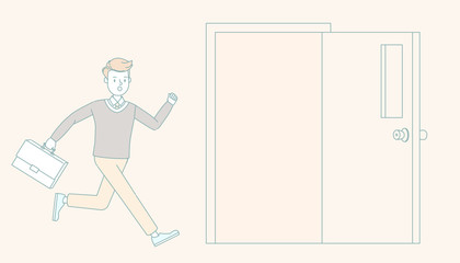 Businessman running to open door concept. Linear character vector design.