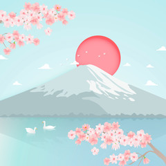 paper art of japan landmark travel banner with fuji mountain and cherry blossom flower background vector - obrazy, fototapety, plakaty