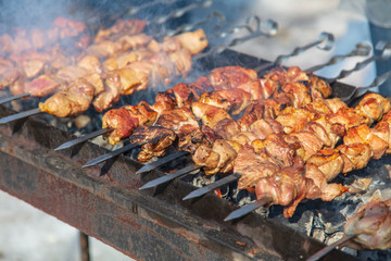 Shish kebab on sticks fried on coals in nature