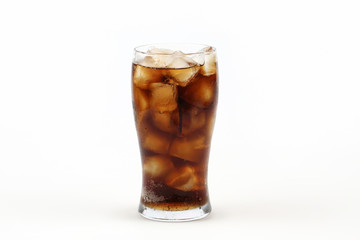 Cola in glass with ice on white background