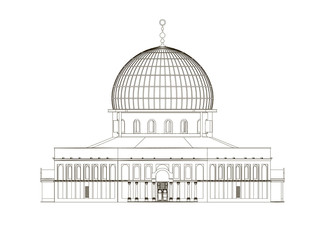 Wireframe of the building with a dome. Outline of the building of black lines on a white background. Front view. Vector illustration