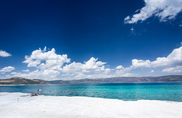 Turquoise waters and white mineral rich beach of Lake Salda, Burdur.