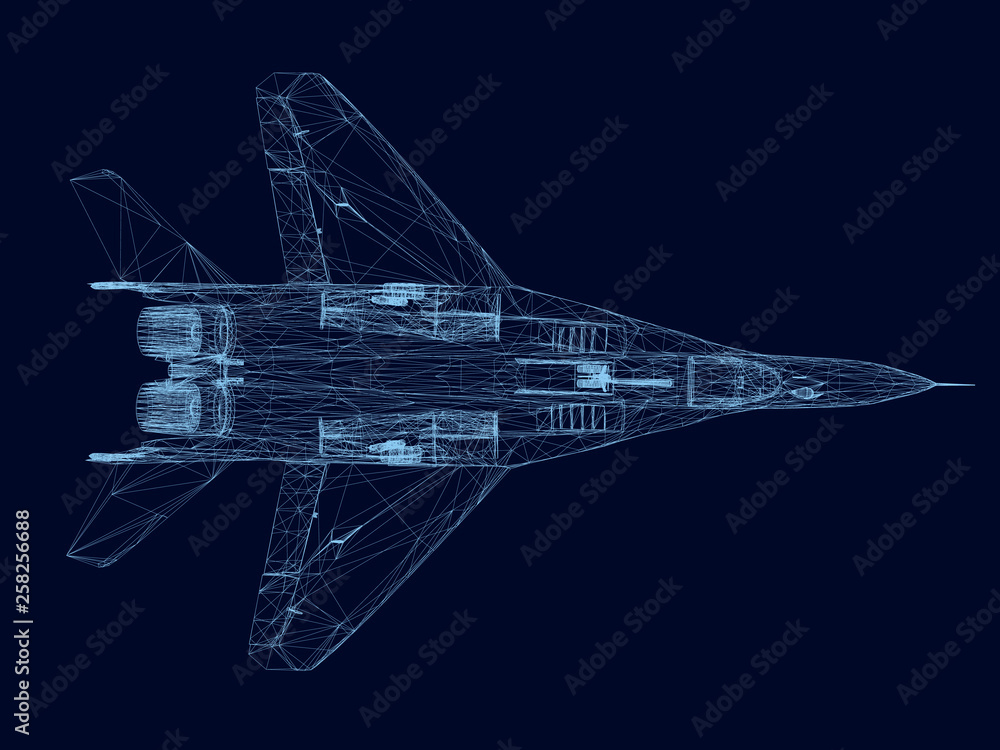 Poster wireframe of a fighter of blue lines on a dark background. view from above. 3d. vector illustration