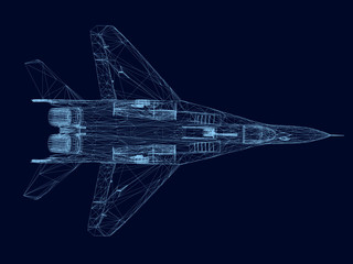 Wireframe of a fighter of blue lines on a dark background. View from above. 3D. Vector illustration