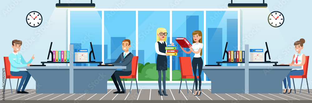 Aufkleber people working in the office, workers sitting at desks working on the computer and documents vector 