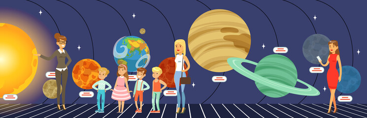 Kids learning about the stars, planets and the solar system at the planetarium vector Illustration in flat style © topvectors