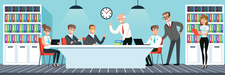 Obraz premium Business meeting, people working in the office vector Illustration in flat style