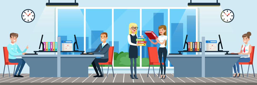 People working in the office, workers sitting at desks working on the computer and documents vector Illustration in flat style