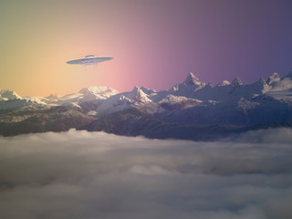 Naklejka na ściany i meble UFO over Alaskan mountains at sunset