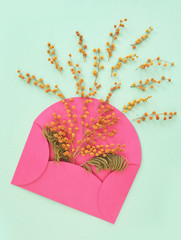 Pink envelope with a branches of mimosa.