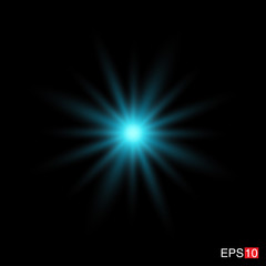 isolated cyan Rays with lens flare, Sun flare, flare on the black background. Transparent Vector Illustration