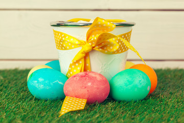 Colorful easter eggs on the grass