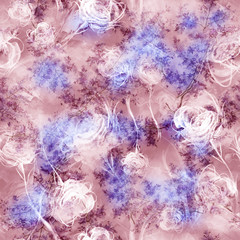 Watercolor vintage seamless pattern, floral pattern, pink, white, roses,  lilac, lavender, buds. Plants, flowers, grass in floral background. A bouquet of pink flowers in watercolor. Abstract paint 