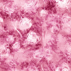 Watercolor vintage seamless pattern, floral pattern, pink, white, roses,  lilac, lavender, buds. Plants, flowers, grass in floral background. A bouquet of pink flowers in watercolor. Abstract paint 