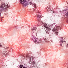 Watercolor vintage seamless pattern, floral pattern, pink, white, roses,  lilac, lavender, buds. Plants, flowers, grass in floral background. A bouquet of pink flowers in watercolor. Abstract paint 