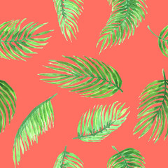 Fototapeta na wymiar Watercolor pattern of acai palm leaves.