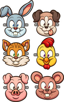 Cartoon animal faces for kids masks clip art. Vector illustration with simple gradients. Each on a separate layer. 